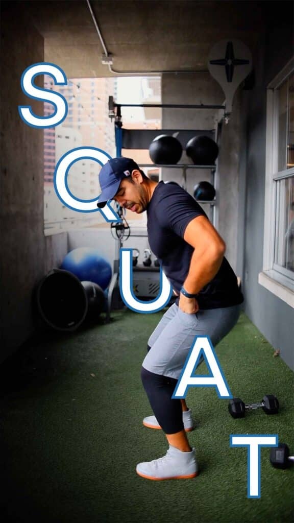 Man demonstrating proper squat technique in a private training space, emphasizing strength training for injury prevention and posture improvement.