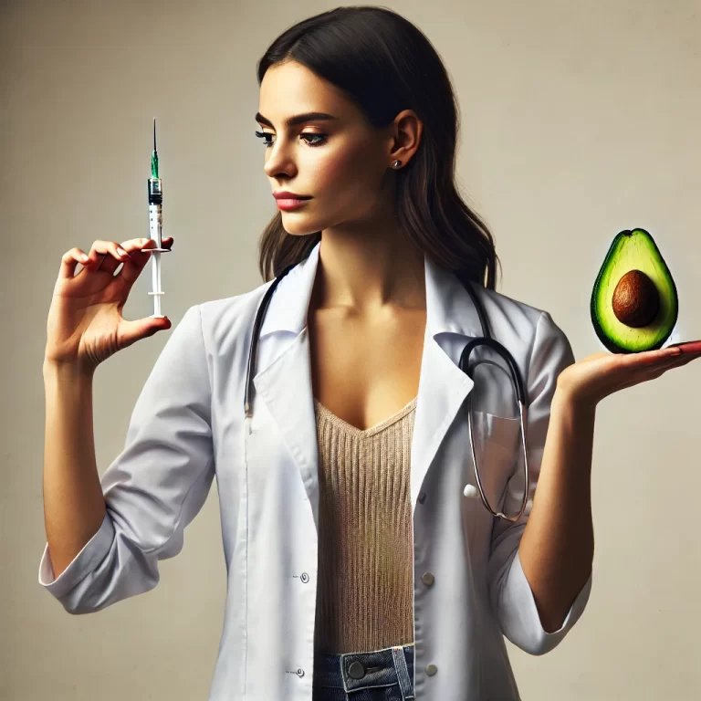 image of a nutritionist holding an injectable needle in one hand and an avocado in the other, as if weighing them against each other. It visually captures the concept of balancing modern medicine with functional nutrition