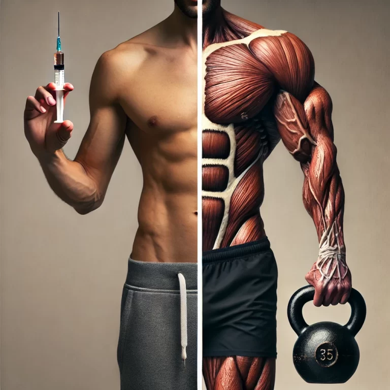 image of a fitness enthusiast with one side of the body skinny and the other side fit, holding an injectable needle on the skinny side and a kettlebell on the fit side