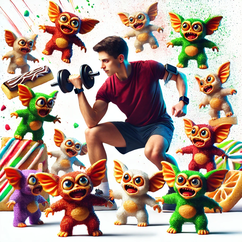 image of a person exercising to fend off playful sugar gremlins! The gremlins are depicted as mischievous candy-like creatures, while the person uses their workout to keep them at bay