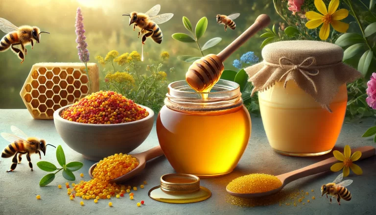 three bee superfoods Manuka honey, bee pollen, and royal jelly