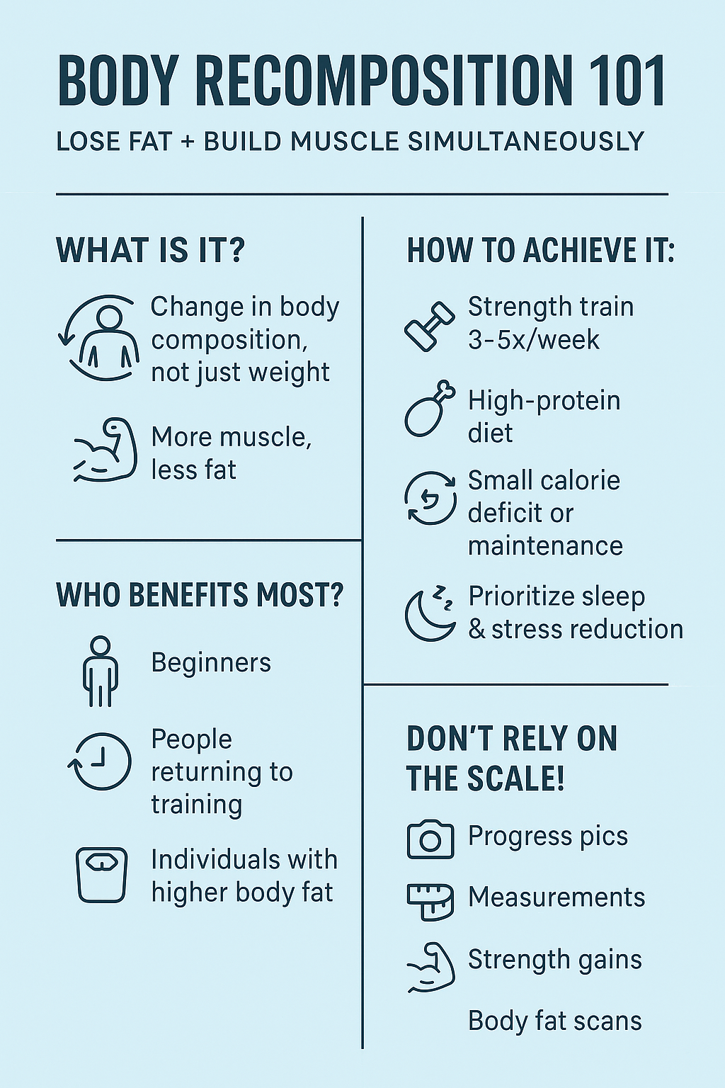 Infographic titled "Body Recomposition 101" explaining how to lose fat and build muscle simultaneously. It defines body recomposition, outlines who benefits most (beginners, returners, higher body fat), details how to achieve it (strength training, protein intake, calorie control, recovery), and emphasizes tracking progress without relying on the scale.