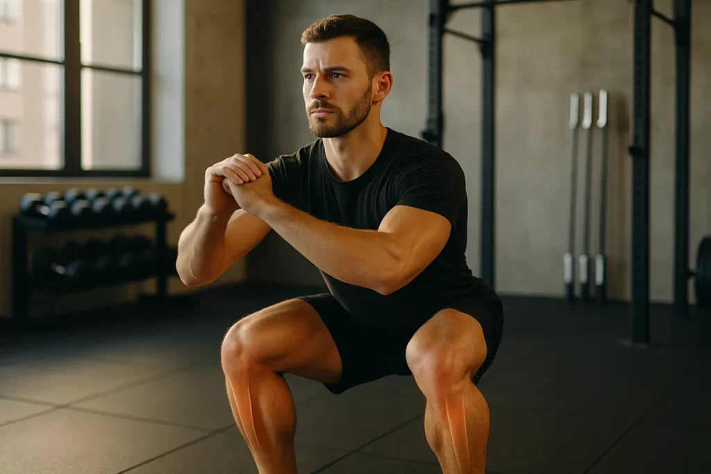 Man performing a squat exercise in a gym, focusing on knee strength and stability, emphasizing personalized training for knee pain relief and improved mobility.