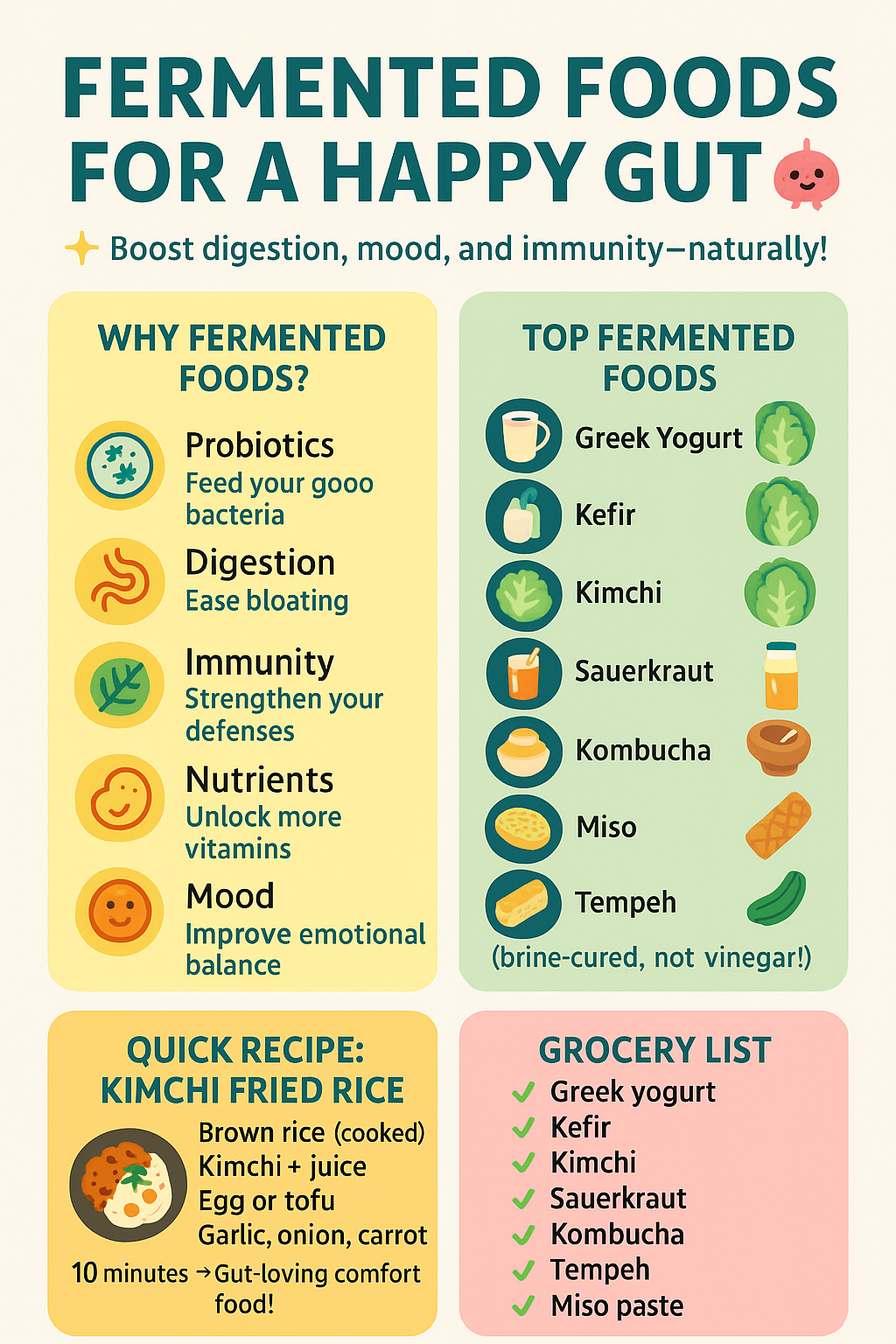 Colorful infographic titled "Fermented Foods for a Happy Gut" showing the benefits of fermented foods like probiotics, digestion support, immune boost, nutrient absorption, and mood improvement. Includes top fermented foods, a kimchi fried rice recipe, and a grocery list.