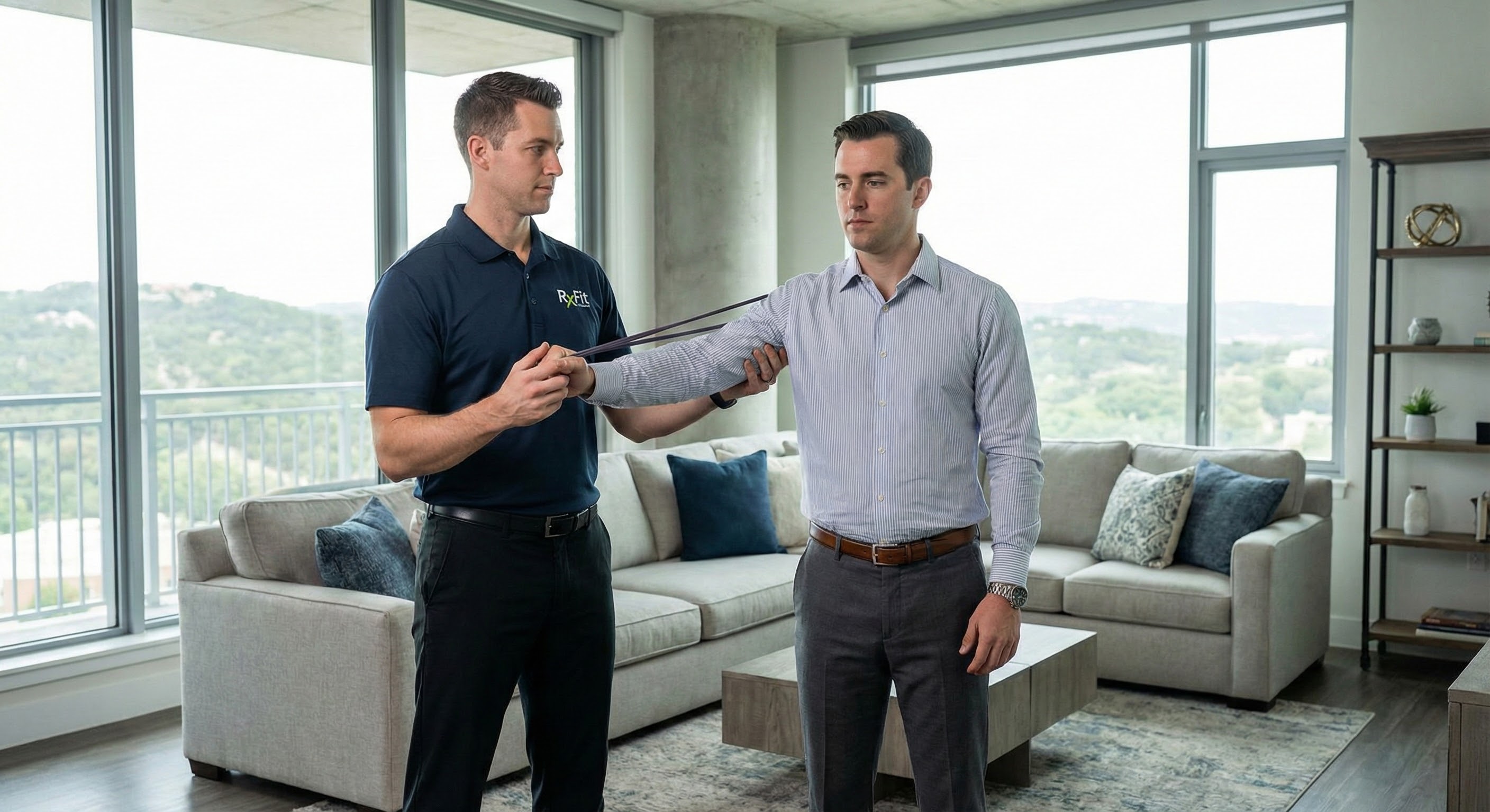 Austin executive in a suit at a desk overlooking downtown, holding their painful shoulder due to upper crossed syndrome from prolonged sitting.