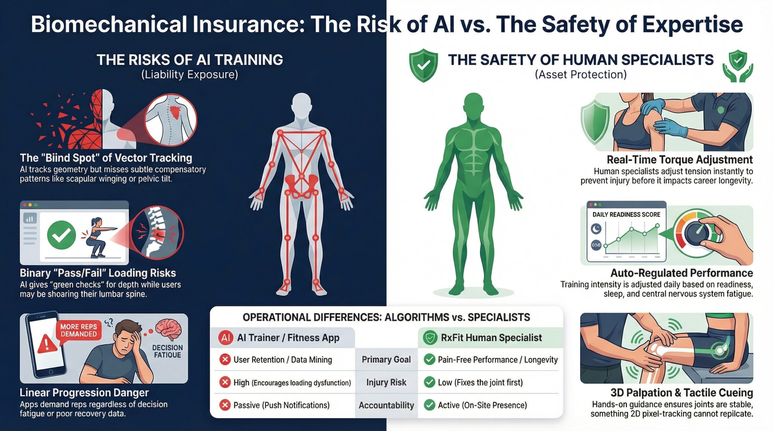 Biomechanical insurance infographic contrasting risks of AI training with benefits of human specialists, featuring human figures, anatomical illustrations, and key points on injury prevention and performance optimization.