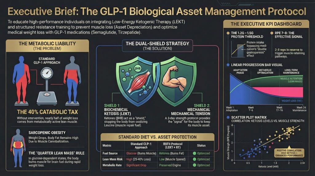 Infographic detailing the GLP-1 Biological Asset Management Protocol, emphasizing muscle preservation strategies combining Low-Energy Ketogenic Therapy and structured resistance training for individuals using GLP-1 medications.