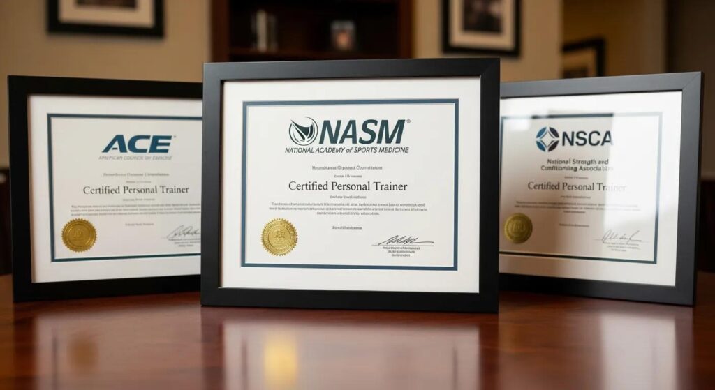 Certifications from NASM, ACE, and NSCA displayed on a table