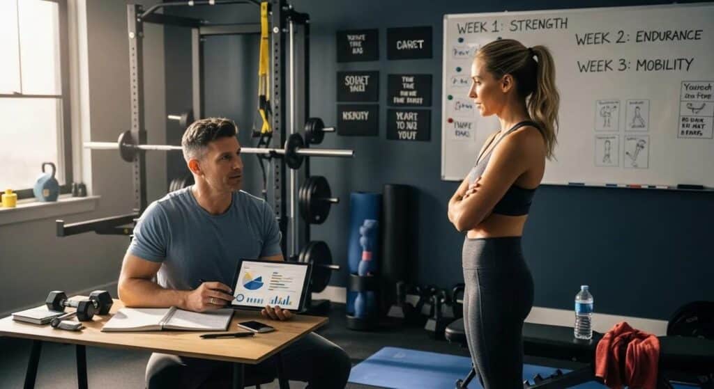 Trainer reviewing assessment notes and discussing a customized program in a home gym