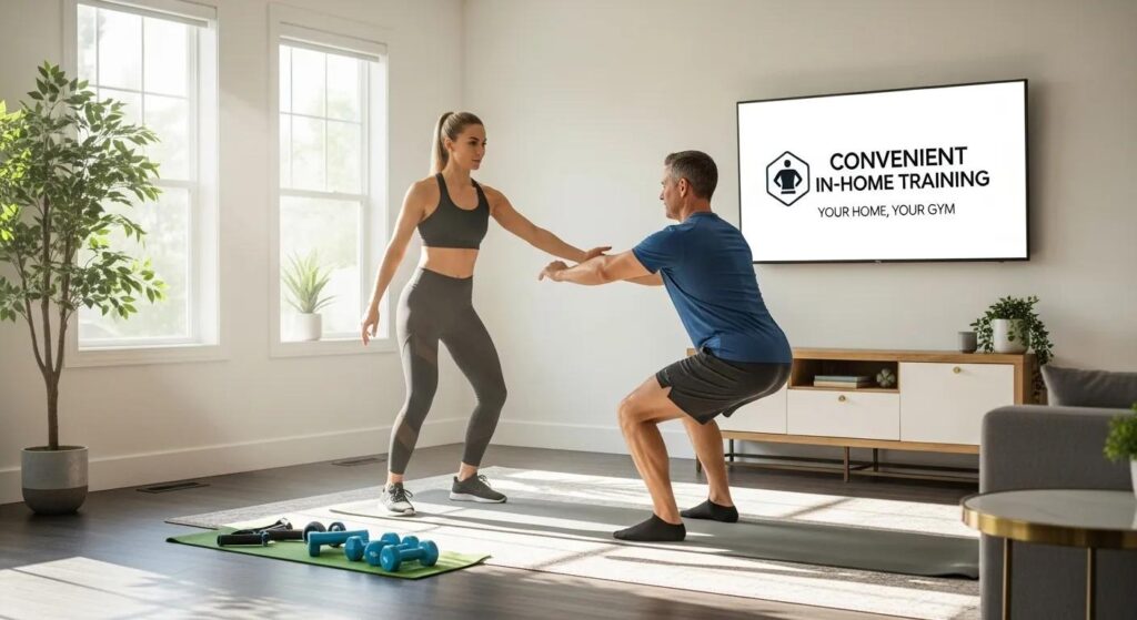 Trainer guiding a client through a home workout — convenient in-home training In-home personal training session with a female trainer guiding a male client through a squat, featuring dumbbells and a logo for "Convenient In-Home Training" on a TV, highlighting the benefits of personalized coaching in a home setting.