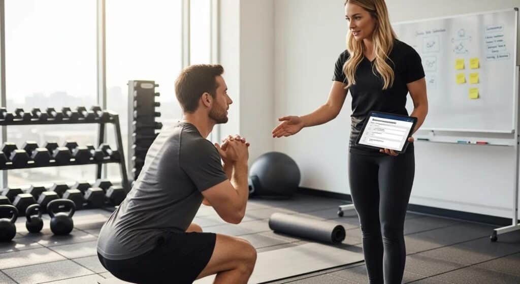 Trainer doing a movement screen and offering tailored recommendations during a fitness assessment
