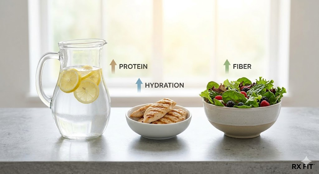 A glass pitcher of water, a bowl of grilled chicken breast strips, and a ceramic bowl filled with leafy greens and berries are neatly arranged on a concrete surface in front of a window. Subdued arrows with text "PROTEIN," "HYDRATION," and "FIBER" point towards each element. The RX FIT logo is subtly visible.