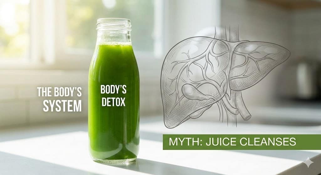 A glass bottle filled with green juice sits on a modern kitchen counter with a bright window in the background. An illustration of a human liver is overlaid, accompanied by text emphasizing the body's natural detox system.