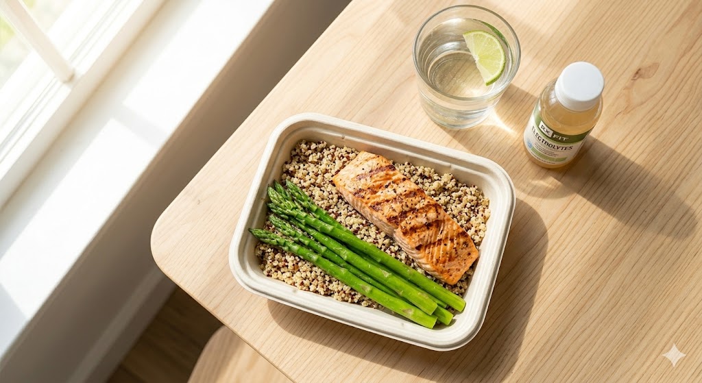 A sustainable container with a portioned meal of grilled salmon, quinoa, and asparagus rests on a wooden table bathed in sunlight. Beside it is a glass of water with a lime wedge and a small bottle of electrolytes.
